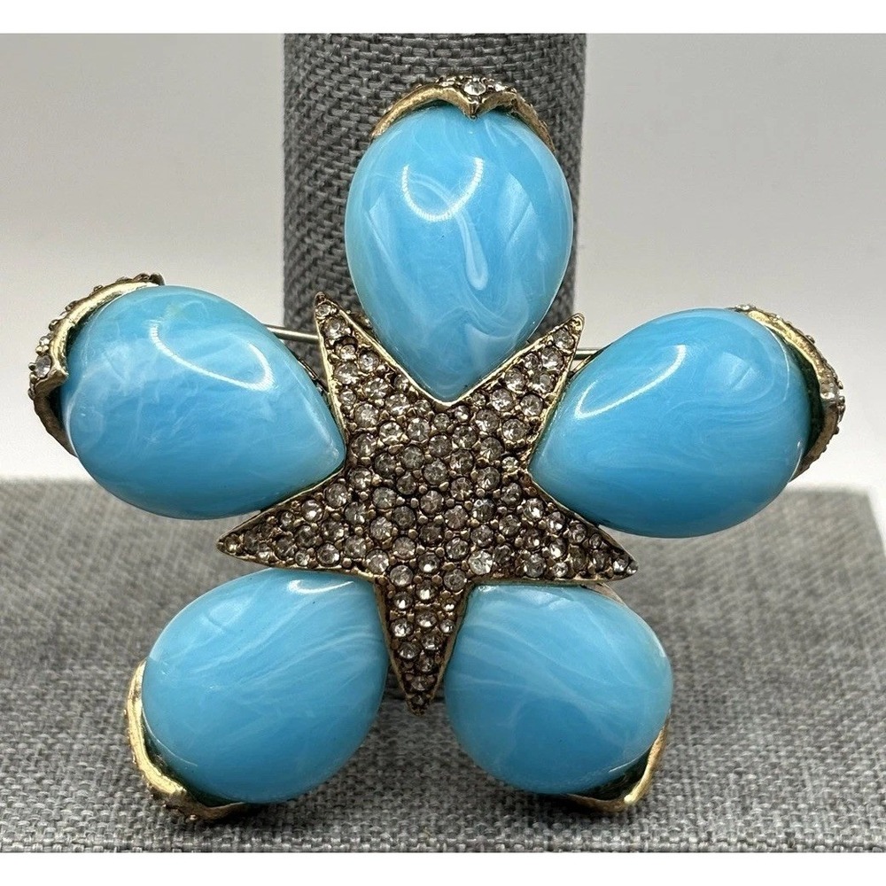 Vintage Ciner Large Flower Star Rhinestone Crystal Brooch Blue Marbled Cabochons